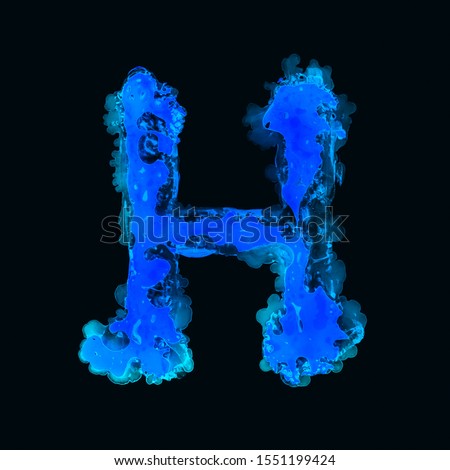 Close-up of abstract blue letter H made from blots on a black background.
