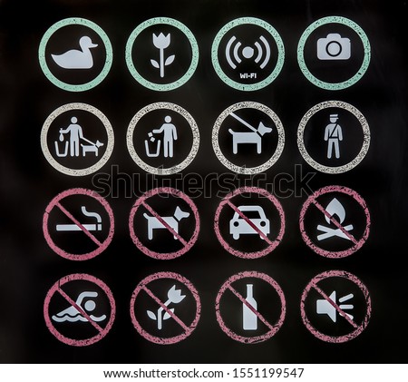 Set of icons for the park with information allowing and prohibiting signs. Photo