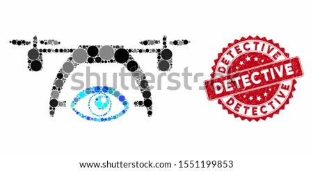 Mosaic video spy drone and rubber stamp watermark with Detective caption. Mosaic vector is created with video spy drone icon and with random spheric spots. Detective stamp seal uses red color,