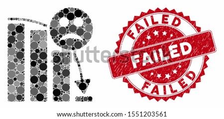 Mosaic sad decline trend and corroded stamp watermark with Failed phrase. Mosaic vector is formed with sad decline trend icon and with randomized circle elements. Failed stamp seal uses red color,