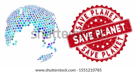Mosaic hexagon earth abstract globe and rubber stamp seal with Save Planet phrase. Mosaic vector is composed with hexagon earth abstract globe icon and with random spheric spots.