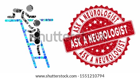 Mosaic help and corroded stamp watermark with Ask a Neurologist text. Mosaic vector is composed with help icon and with random spheric items. Ask a Neurologist stamp seal uses red color,