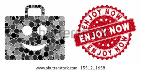 Mosaic glad case and corroded stamp seal with Enjoy Now caption. Mosaic vector is designed with glad case icon and with scattered spheric items. Enjoy Now stamp uses red color, and rubber texture.
