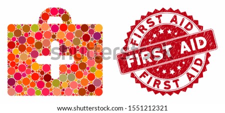Mosaic first aid and corroded stamp seal with First Aid phrase. Mosaic vector is formed with first aid icon and with scattered round items. First Aid stamp seal uses red color, and dirty texture.