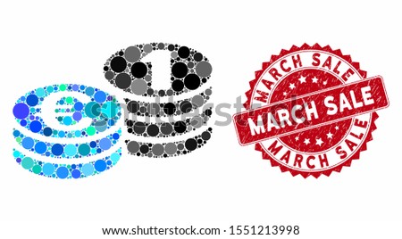 Mosaic Euro coins and rubber stamp watermark with March Sale text. Mosaic vector is designed with Euro coins icon and with scattered round elements. March Sale seal uses red color, and rubber surface.