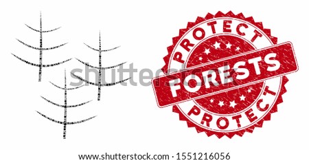 Mosaic dead forest and distressed stamp seal with Protect Forests caption. Mosaic vector is composed from dead forest icon and with random circle spots. Protect Forests stamp seal uses red color,