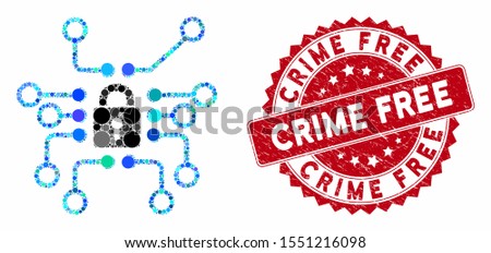 Mosaic cryptography and corroded stamp seal with Crime Free text. Mosaic vector is designed with cryptography icon and with randomized spheric spots. Crime Free stamp seal uses red color,