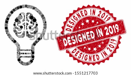 Mosaic brain bulb and grunge stamp seal with Designed in 2019 text. Mosaic vector is composed with brain bulb icon and with random circle elements. Designed in 2019 stamp seal uses red color,