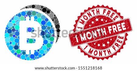 Mosaic Bitcoin coins and grunge stamp seal with 1 Month Free caption. Mosaic vector is formed from Bitcoin coins icon and with scattered round elements. 1 Month Free stamp seal uses red color,