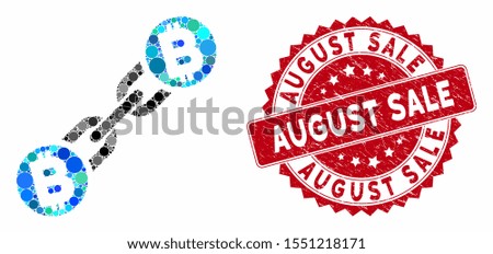 Mosaic Bitcoin blockchain and grunge stamp seal with August Sale text. Mosaic vector is created from Bitcoin blockchain icon and with random circle items. August Sale stamp seal uses red color,