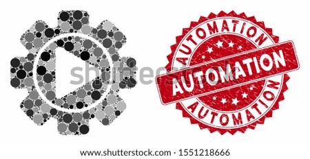 Mosaic automation and rubber stamp watermark with Automation text. Mosaic vector is formed with automation icon and with random round elements. Automation stamp uses red color, and dirty design.