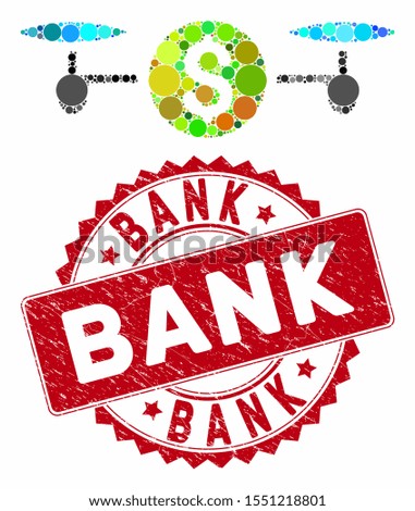 Mosaic aircopter payment and distressed stamp seal with Bank caption. Mosaic vector is created with aircopter payment icon and with scattered spheric spots. Bank stamp seal uses red color,