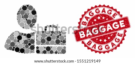 Mosaic accounter and grunge stamp seal with Baggage text. Mosaic vector is created with accounter icon and with scattered round elements. Baggage stamp seal uses red color, and grunge texture.