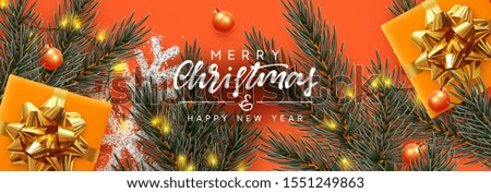 Holiday background Merry Christmas and Happy New Year. Xmas design with realistic festive objects, Pine and spruce branches, sparkling lights garland, gift box, silver snowflake, balls bauble.