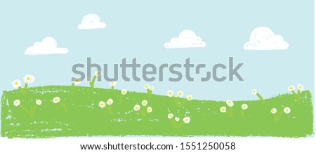 Wax crayon kid`s hand drawn grass hills with blue sky ,child`s drawn white flowers set. kid`s drawing spring and summer meadow. Vector pastel chalk background banner Royalty-Free Stock Photo #1551250058