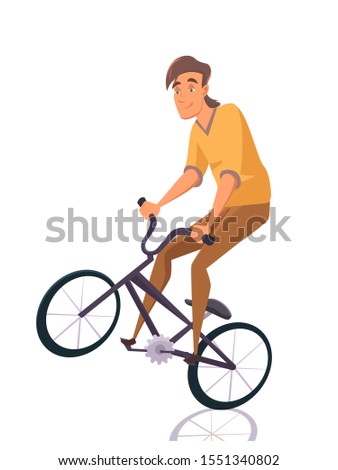 Cartoon boy teenager character doing stunts on bmx bike isolated on white backdrop. Young guy riding extreme sport bicycle. Flat style male character. Skate park. Rollerdrom. Vector illustration