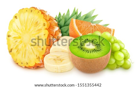 Composition with mix of tropical fruits isolated on a white background with clipping path. Royalty-Free Stock Photo #1551355442