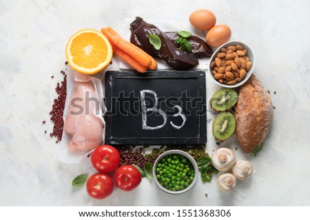 Foods High In Niacin -Vitamin B3 for brain and heart function, skin health,  treat diabetes, ensures the normal functioning of the nervous system.Top view with copy space Royalty-Free Stock Photo #1551368306