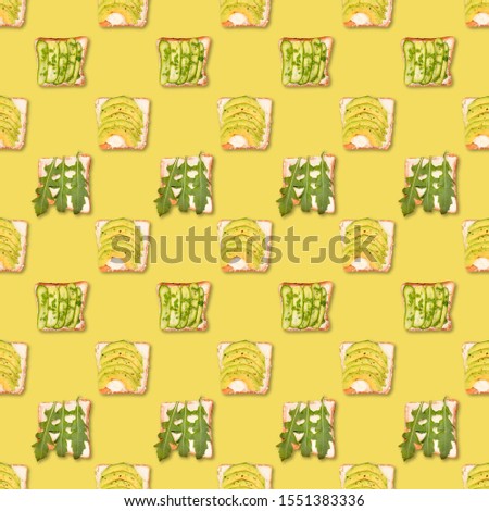 Sandwich or toast with toppings seamless pattern. Flat lay, top view. Pop art design, creative food concept.