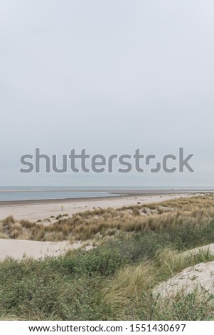Dune landscape on the beach with sea view and cloudy sky