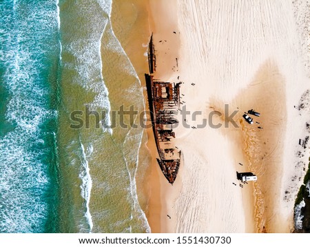 Drone shot of SS Maheno directly overhead on Fraser Island Royalty-Free Stock Photo #1551430730