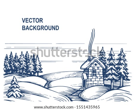 Christmas background, house in the snow firsand pines.Hand drawing sketch of winter landscape. The house in the spruce forest is a sketch.