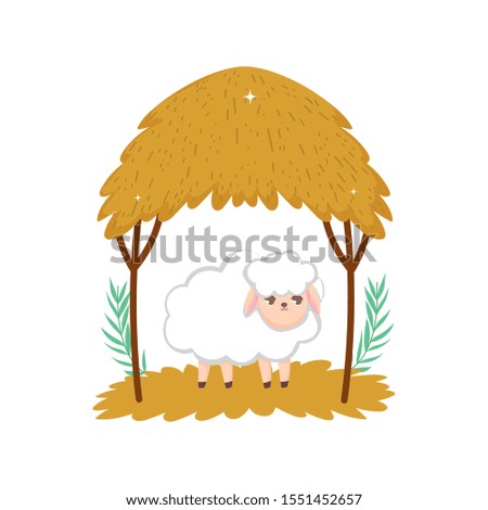 sheep hut branches meadow night sky vector illustration