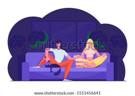 Young Loving Couple Watch Movie at Home with Popcorn, Man and Woman Characters Wearing 3d Glasses Sitting on Couch on Weekend Evening. Love Leisure Sparetime Day Off. Cartoon Flat Vector Illustration