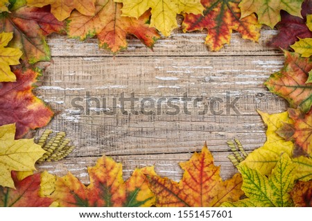 Autumn leaves on a wooden background. Background mode. Still life with colorful foliage. Autumn Festival. Vignetting from colorful leaves. Frame.