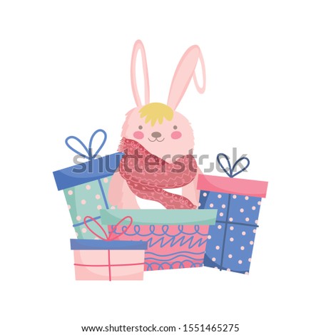 fluffy rabbit adorable gift boxes merry christmas vector illustration