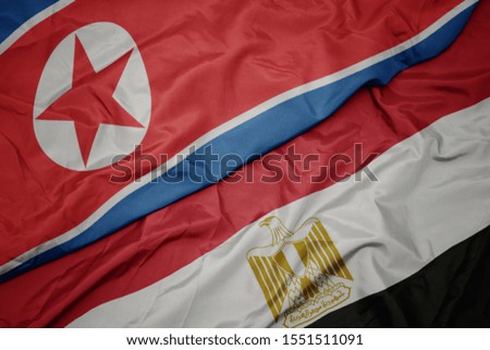 waving colorful flag of egypt and national flag of north korea. macro