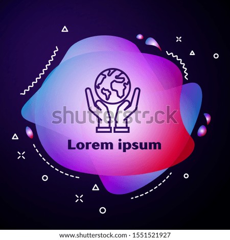 Purple line Human hands holding Earth globe icon isolated on dark blue background. Save earth concept. Abstract banner with liquid shapes. Vector Illustration