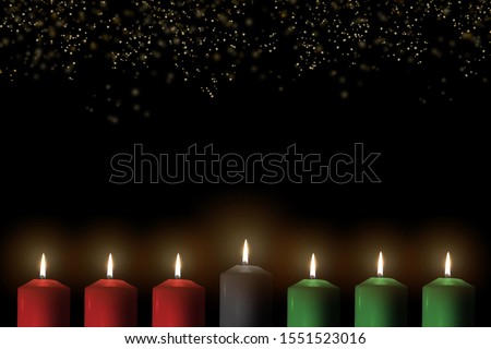 Kwanzaa holiday background with candle light of seven candle sticks in black, green, red symbolising 7 principles of African Heritage (Nguzo Saba) for African-American cultural celebration