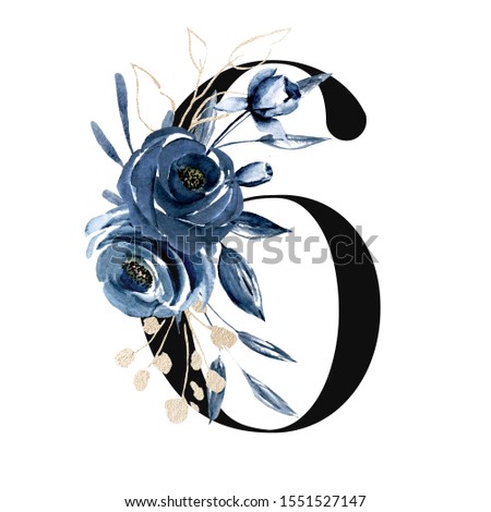Number 6 with watercolor navy blue flowers roses hand painting. Perfectly for anniversary, wedding invitation, greeting card, logo, poster and other floral design. Isolated on white background. 