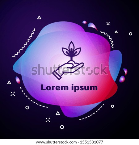 Purple line Plant in hand of environmental protection icon on dark blue background. Seed and seedling. Planting sapling. Ecology concept. Abstract banner with liquid shapes. Vector Illustration