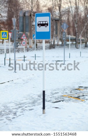 road sign bus stop, winter
