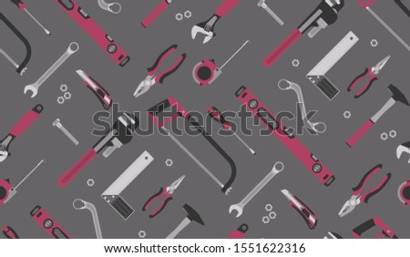 Seamless pattern with hand tools for home repair on a gray background. Vector illustration.