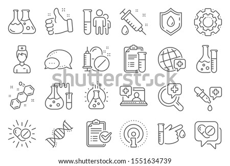 Medical healthcare, doctor line icons. Drug testing, scientific discovery and disease prevention signs. Chemical formula, medical doctor research, chemistry testing lab icons. Line signs set. Vector