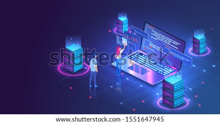 Web hosting or programming concept. Web programming development, laptop with UI UX interface. Computer web data center server isometric landing vector page. Vector illustration Royalty-Free Stock Photo #1551647945