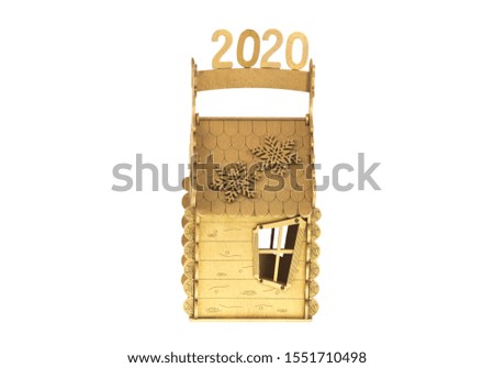 christmas golden wooden toy house on a white background