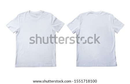 T-shirt design fashion concept, closeup of man and boy in blank white t-shirt, shirt front end rear isolated. Mock up for sublimation. Royalty-Free Stock Photo #1551718100