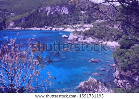 Corfu beach - Greece island nature. Rovinia beach in Liapades.