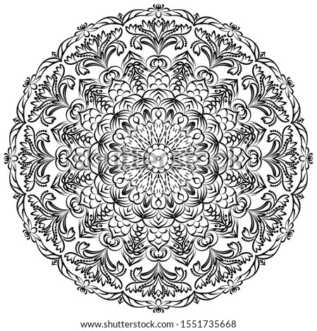 Round black mandala on a white background. Oriental vector pattern. Template for drawing on fabric, paper, tattoo, henna drawing, coloring book, magazine. Ornament for psychological relief. Antistress