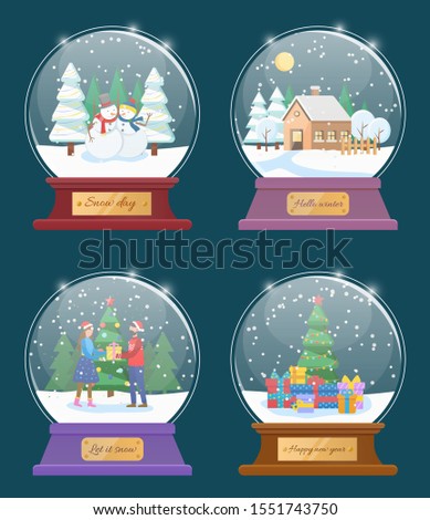 Snow globes, isolated set of toys with christmas themes. Couple exchanging gifts for new year. Pine tree with garlands and presents. Snowman figures and house with snowy roof flat style vector
