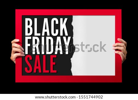 Black friday sale inscription background. Woman holding a sale poster. Sale tag on the white background