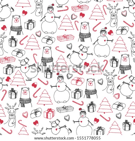Vector holiday seamless surface pattern. Hand drawn presents, Christmas trees, deer, bear, snow man, candies, sweets. Red and black lines on white background. Doodle style for prints, cards