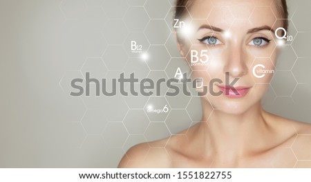 Healthy skin vitamin complex low poly sphere bubble. Health supplement female face anti-aging beauty cosmetics banner template. 3D coenzyme Q10, C, E. Medicine science vector illustration Royalty-Free Stock Photo #1551822755