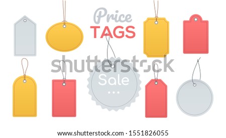 Price tags collection - flat design style clip art. A set of labels of different shapes and forms with strings. Sale, special offer, new symbols. Items with space for your information. Shopping theme