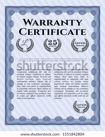 Blue Warranty template. Elegant design. With guilloche pattern and background. Vector illustration. 