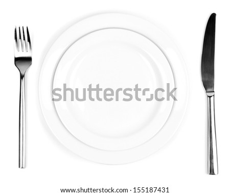 Knife, color plate and fork, isolated on white 